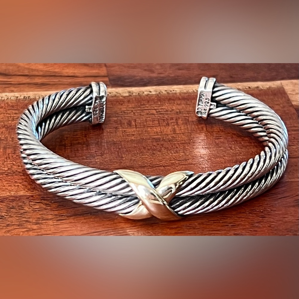 David Yurman Sterling Silver & 14k Yellow Gold “X” 10mm Cable Bracelet